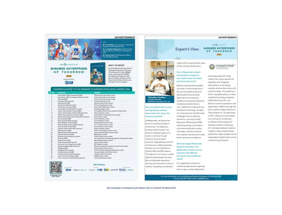 Maestrotek Innovations featured in the “Expert’s View” section, highlighting its approach to AI-driven industrial automation, IoT and digital transformation.